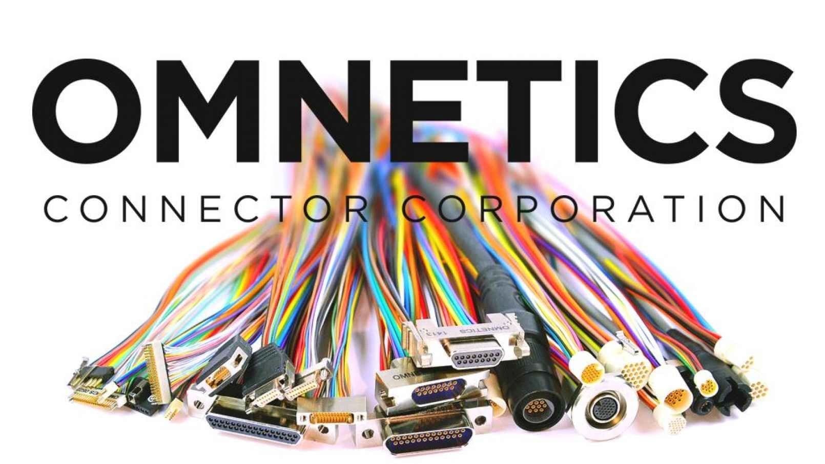 Various colorful electronic connectors with Omnetics Corporation logo.